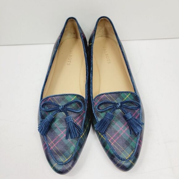 TALBOTS Francesca Tasseled Driving Moccasins Green Navy Tartan Plaid 8.5 - Picture 4 of 10